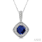 5x5 MM Cushion Cut Sapphire and 1/5 Ctw Round Cut Diamond Pendant in 14K White Gold with Chain