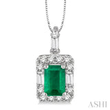 6x4 MM Octagon Cut Emerald and 1/3 Ctw Round Cut Diamond Pendant in 14K White Gold with Chain