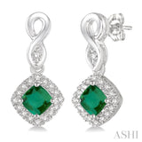 4x4 MM Cushion Cut Emerald and 1/5 Ctw Round Cut Diamond Earrings in 10K White Gold