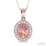 8x6 MM Oval Cut Morganite and 1/3 Ctw Round Cut Diamond Pendant in 14K Rose Gold with Chain