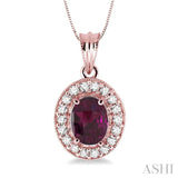 8x6 MM Oval Cut Rhodolite Garnet and 1/3 Ctw Round Cut Diamond Pendant in 14K Rose Gold with Chain