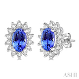 1/5 Ctw Round Cut Diamond and Oval Cut 5x3 MM Tanzanite Center Sunflower Precious Earrings in 10K White Gold
