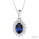 1/8 Ctw Round Cut Diamond and Oval Cut 6x4 MM Sapphire Center Sunflower Precious Pendant in 10K White Gold with chain