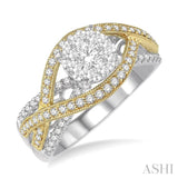 7/8 Ctw Round Diamond Lovebright Crossover Shank Engagement Ring in 14K White and Yellow Gold