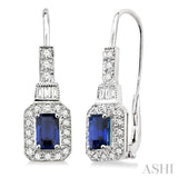 6x4 MM Octagon Cut Sapphire and 1/2 Ctw Baguette and Round Cut Diamond Earrings in 14K White Gold