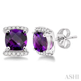 6x6 MM Cushion Cut Amethyst and 1/10 Ctw Round Cut Diamond Earrings in 14K White Gold