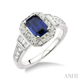 6x4 MM Octagon Cut Sapphire and 1/4 Ctw Round and Baguette Cut Diamond Ring in 14K White Gold