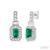 5x3 MM Octagon Cut Emerald and 1/4 Ctw Round and Baguette Cut Diamond Earrings in 14K White Gold