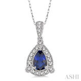 6x4  MM Pear Shape Sapphire and 1/10 Ctw Single Cut Diamond Pendant in 10K White Gold with Chain