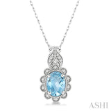 1/10 Ctw Floral 8x6MM Oval Cut Aquamarine and Round Cut Diamond Semi Precious Pendant With Chain in 10K White Gold
