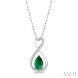 1/10 Ctw Eternity 6X4 MM Pear Cut Emerald and Round Cut Diamond Precious Pendant With Chain in 10K White Gold