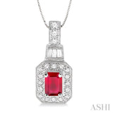 7x5 MM Octagon Cut Ruby and 1/2 Ctw Round and Baguette Cut Diamond Pendant in 14K White Gold with Chain