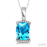 9x7 MM Cushion Cut Blue Topaz and 1/10 Ctw Round Cut Diamond Pendant in 14K White Gold with Chain