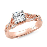 Diamond engagement ring mounting with side stones set in 14k rose gold.