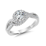 Diamond engagement ring mounting with side stones set in 14k white gold.