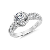 Diamond engagement ring mounting with a pave milgrain twist in 14k white gold.