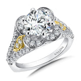 Diamond halo engagement ring mounting with side stones set in 14k white gold with yellow gold accents.