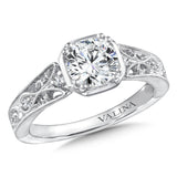 Diamond engagement ring mounting with milgrain and hand-engraved detailing and side stones set in 14k white gold.