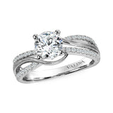 Diamond split shank engagement ring mounting with diamond side stones set in 14k white gold.
