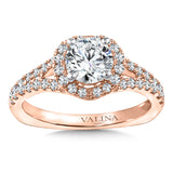 Diamond engagement ring mounting with split shank and side stones set in 14k rose gold.