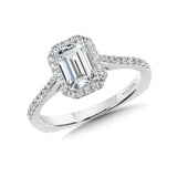 Diamond halo engagement ring mounting in 14k white gold.