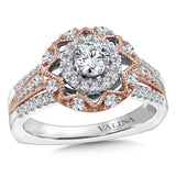 Diamond halo engagement ring mounting with side stones in 14k white/rose gold.
