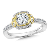 Diamond halo engagement ring mounting with side stones in 14k white/yellow gold.