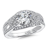 Diamond crisscross engagement ring mounting with side stones set in 14k white gold.