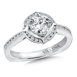 Channel-set diamond halo engagement ring mounting with side stones set in 14k white gold.
