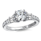 Diamond engagement ring mounting with baguette and round side stones set in 14k white gold.