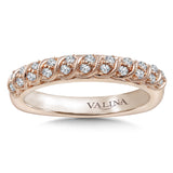 Diamond stackable wedding band with intricate milgrain detailing in 14k rose gold.