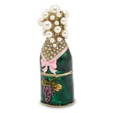 Luxury Giftware Pewter Bejeweled Crystals Gold-tone Enameled CELEBRATE Champagne Bottle Trinket Box with Matching 18 Inch Necklace