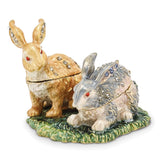 Luxury Giftware Pewter Bejeweled Crystals Gold-tone Enameled BEST BUNNIES Rabbits Trinket Box with Matching 18 Inch Necklace