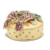Luxury Giftware Pewter Bejeweled Crystals Gold-tone Enameled FLORIAN Butterfly & Floral Box Trinket Box with Matching 18 Inch Necklace