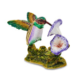Luxury Giftware Pewter Bejeweled Crystals Gold-tone Enameled STELLA Hummingbird & Morning Glory Trinket Box with Matching 18 Inch Necklace