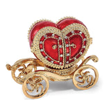 Luxury Giftware Pewter Bejeweled Crystals Gold-tone Enameled SCARLET HEART Carriage w/Ring Pad Trinket Box with Matching 18 Inch Necklace