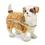 Luxury Giftware Pewter Bejeweled Crystals Gold-tone Enameled SALLY Shih Tzu Trinket Box with Matching 18 Inch Necklace