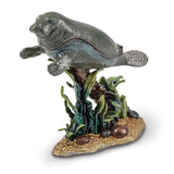 Luxury Giftware Pewter Bejeweled Crystals Pewter-tone Enameled MANNY Manatee w/Seaweed Trinket Box with Matching 18 Inch Necklace