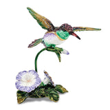 Luxury Giftware Pewter Bejeweled Crystals Gold-tone Enameled HUEY Hummingbird & Petunia Trinket Box with Matching 18 Inch Necklace
