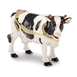 Luxury Giftware Pewter Bejeweled Crystals Gold-tone Enameled BESSIE Holstein Cow Trinket Box with Matching 18 Inch Necklace
