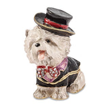Luxury Giftware Pewter Bejeweled Crystals Gold-tone Enameled R. BUTLER Tuxedo Dog Trinket Box with Matching 18 Inch Necklace