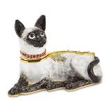 Luxury Giftware Pewter Bejeweled Crystals Gold-tone Enameled SOPHIE Siamese Cat Trinket Box with Matching 18 Inch Necklace