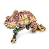 Luxury Giftware Pewter Bejeweled Crystals Gold-tone Enameled CAMILLE Chameleon Trinket Box with Matching 18 Inch Necklace