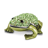 Luxury Giftware Pewter Bejeweled Crystals Silver-tone Enameled HOPPER Small Green Frog Trinket Box with Matching 18 Inch Necklace