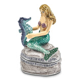 Luxury Giftware Pewter Bejeweled Crystals Silver-tone Enameled ADELLA Mermaid with Seahorse Trinket Box with Matching 18 Inch Necklace