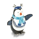 Luxury Giftware Pewter Bejeweled Crystals Silver-tone Enameled PERCY Penguin with Scarf Trinket Box with Matching 18 Inch Necklace