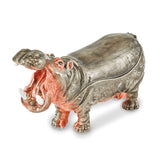 Luxury Giftware Pewter Bejeweled Crystals Silver-tone Enameled HENRY Hippo Trinket Box with Matching 18 Inch Necklace