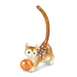 Luxury Giftware Pewter Bejeweled Crystals Silver-tone Enameled SASAFRAS Cat with Ball of Yarn Ring Holder