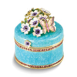 Luxury Giftware Pewter Bejeweled Crystals Gold-tone Enameled BUTTERFLY NECTAR Blue Flower Butterfly Ring Holder Trinket Box with Matching 18 Inch Necklace