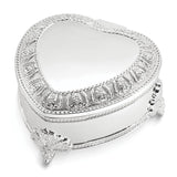 Silver-plated Hinged Lid Footed Floral Heart Jewelry Box with Velveteen Lining